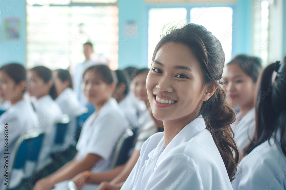 Smiling cheerful young nurse asian doctor sit relax in seminar training class nurse doctor group happiness positive face expression in education class hospital background.
Smiling cheerful young nurse asian doctor sit relax in seminar training class nurse doctor group happiness positive face expression in education class hospital background.