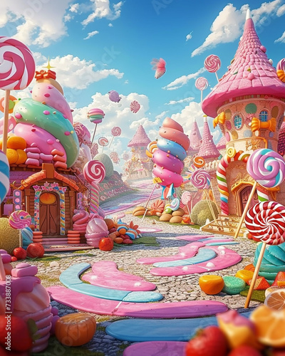 Candy market with lots of fruits, sweets, sprinkles, lollipops, candies, looks delicious, Candyland, colorful, mystery background style, highly detailed realism, vibrant, bright colors, detailed sky, 