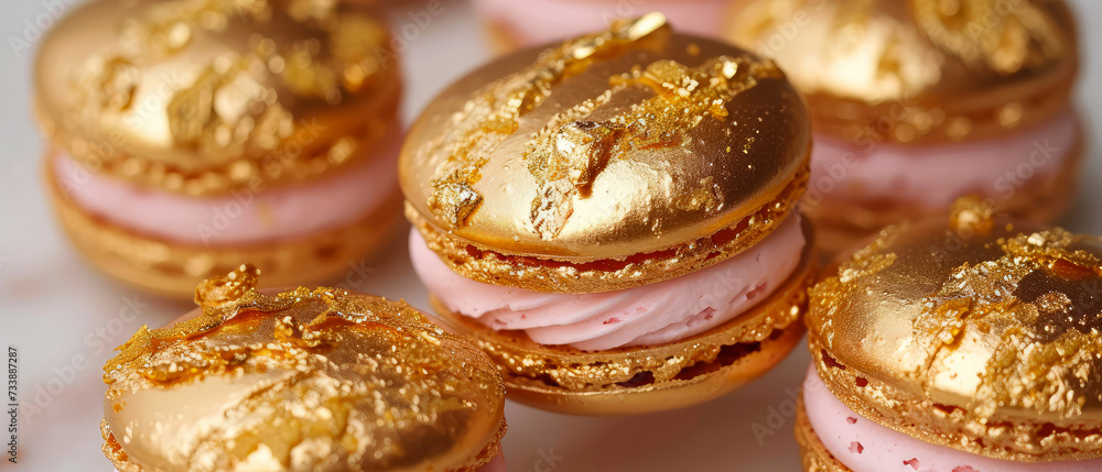 Luxury holidays background with set of golden macaroons, sweets decoration. Pastry food mockup. flat lay. Generative ai Luxury holidays background with set of golden macaroons, sweets decoration. Pastry food mockup. flat lay. Generative ai