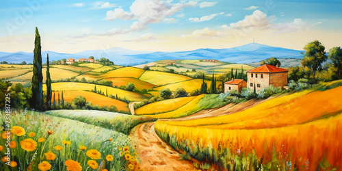Europe landscape with houses, fields, and trees in the background. Flat design poster. European summer village. Rural nature background. hills horizon.