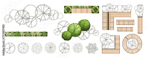 Top view elements for the landscape design plan. Trees and benches for architectural floor plans. Entourage design. Various trees, bushes, and shrubs. Vector illustration.