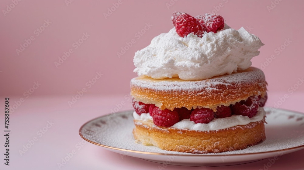 Victoria Sponge Cake With Whipped Cream and Raspberries