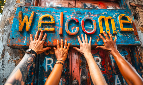 Diverse hands raised and holding colorful letters spelling Welcome against a rustic brick wall background, symbolizing unity and a warm greeting