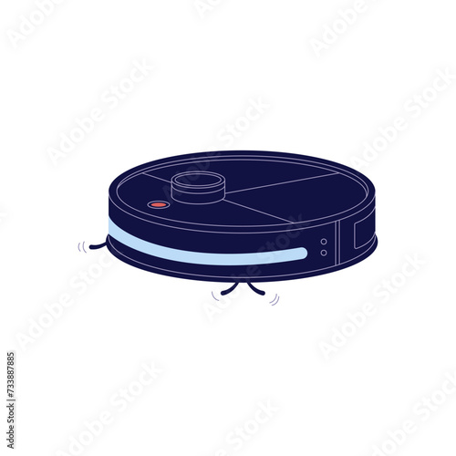 Modern robot vacuum cleaner. Smart household appliance. Circle electronic machine with brushes for cleaning home. Automatic housework equipment. Flat isolated vector illustration on white background