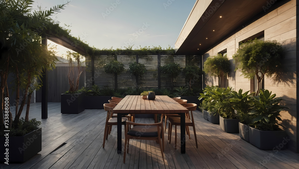 The beauty of an empty outdoor terrace, enhanced by a minimalistic design and strategically placed potted plants.