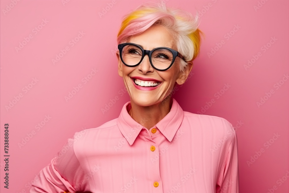 Portrait of a happy senior woman in glasses over pink background.