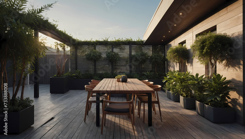 The beauty of an empty outdoor terrace  enhanced by a minimalistic design and strategically placed potted plants.