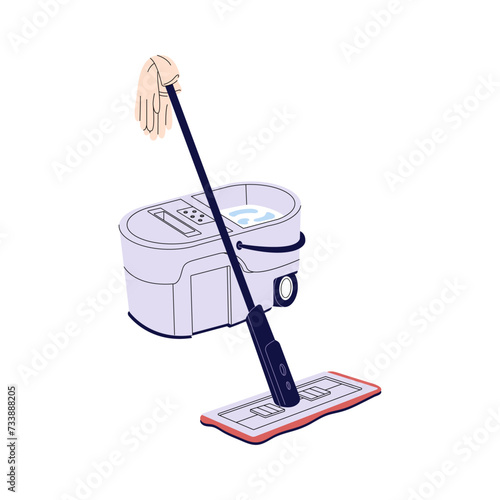 Mop for washing floor. Soapy water in plastic bucket with automatic spin. Tools for wet cleaning home with detergent. Housework supplies. Flat isolated vector illustration on white background