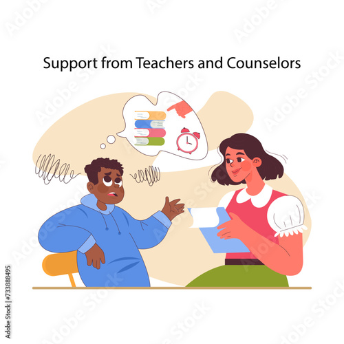 Educational stress concept. Concerned student discusses time management with school counselor. Vital role of support in academic success. Moment of guidance and reassurance. Flat vector illustration