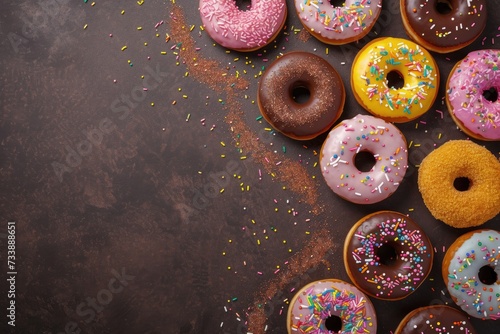 Mix of multicolored sweet donuts donuts with icing and sprinkles on a brown background with copy space