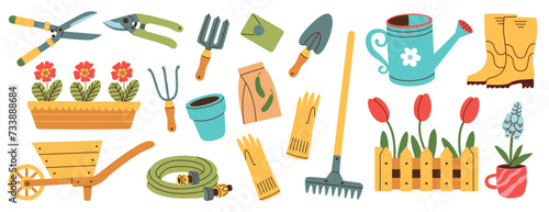 Set of gardening items in hand drawn style. Agricultural and garden tools for spring work. Vector isolated on white. photo