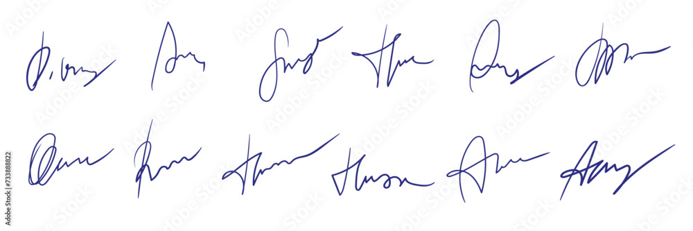 A set of fake personal signatures. Hand-written, blue ink. Vector - obrazy, fototapety, plakaty 
