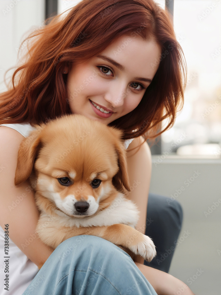 Portrait young red-haired woman hugging dog puppy tightly Portrait young red-haired woman hugging dog puppy tightly