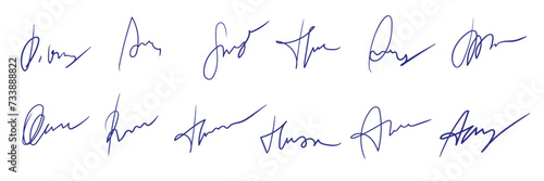A set of fake personal signatures. Hand-written, blue ink. Vector photo