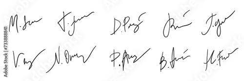 A set of fake autographs. Hand writing, black ink. Vector