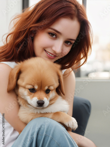 Portrait young red-haired woman hugging dog puppy tightly