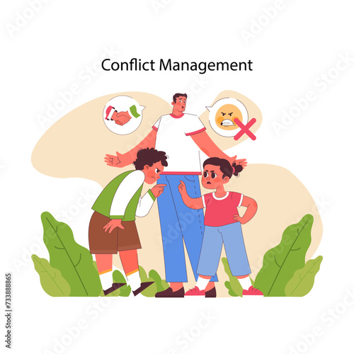 Conflict management concept. Calm father mediator aids two conflicting children, asking for handshake as resolution and denying aggressive behavior. Striving for peace. Flat vector illustration