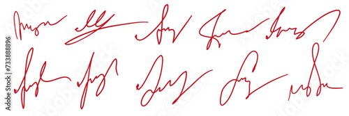 A set of different fake autographs. Hand writing, red ink. Vector photo