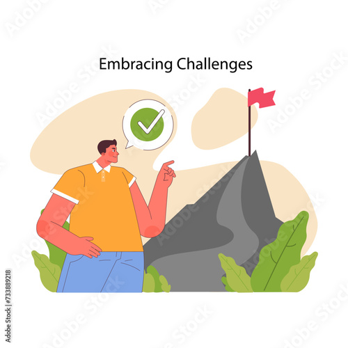 Challenge acceptance concept. Man watching confidently at mountain, ready to climb. Positive attitude towards achieving goals. Determination and goal-setting journey. Flat vector illustration