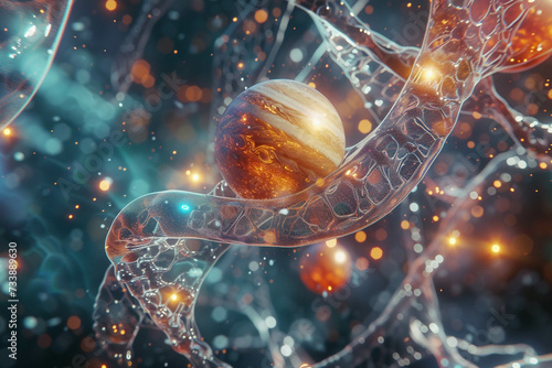A D animation mesh of the solar system embedded within the complex structure of a DNA molecule