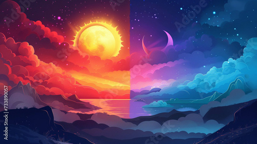 Generate an illustrator art where the sun and moon are interlocked showcasing the dual nature of day and night The backdrop should be as uncommon and distinctive as possible photo