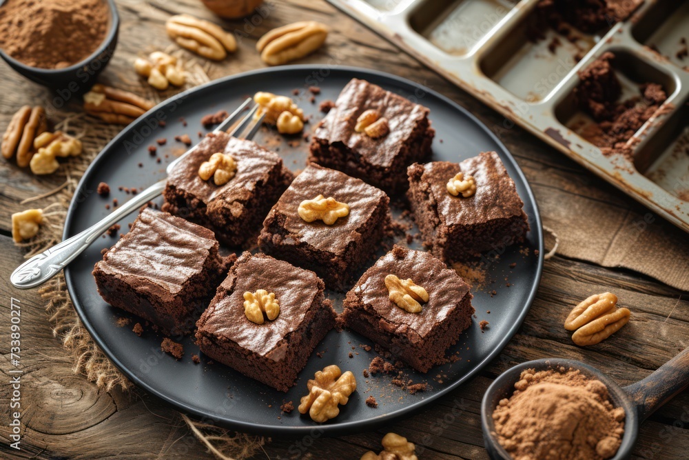 High angle view of various homemade chocolate brownie slices on a black plate 