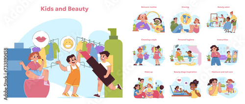 Fototapeta Naklejka Na Ścianę i Meble -  Kids and beauty concept set. Children engaging in beauty routines, choosing styles, and learning personal care. Vector illustration