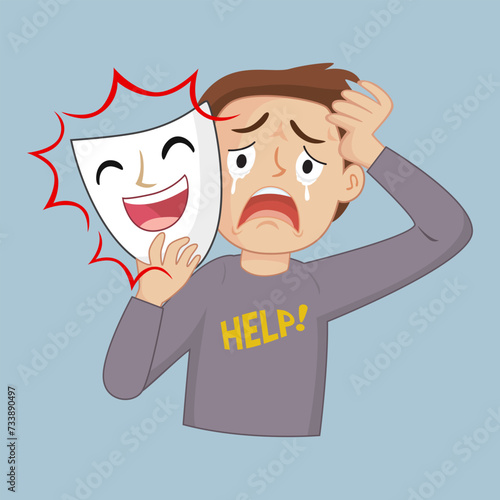 Sad man is covering her face with a smiling mask. Concept of masking in psychology.illustration vector eps10 cartoon.  