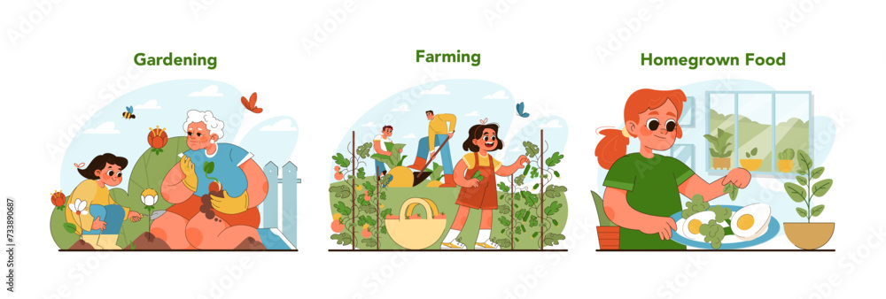 Gardening and farming set. Young boys and girls exploring nature with family members. Joy of gardening with elders, teamwork in farming, and pride of homegrown food. Flat vector illustration