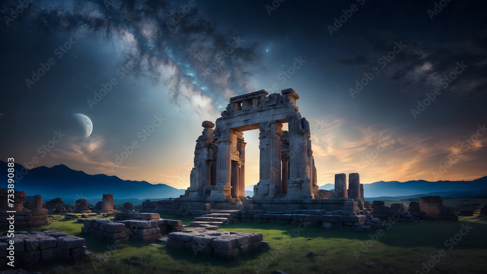 Obraz premium Silhouetted ancient city ruins against a stunning orange and blue sunset sky with medieval towers and a dark cityscape, blending nature and architecture in the evening