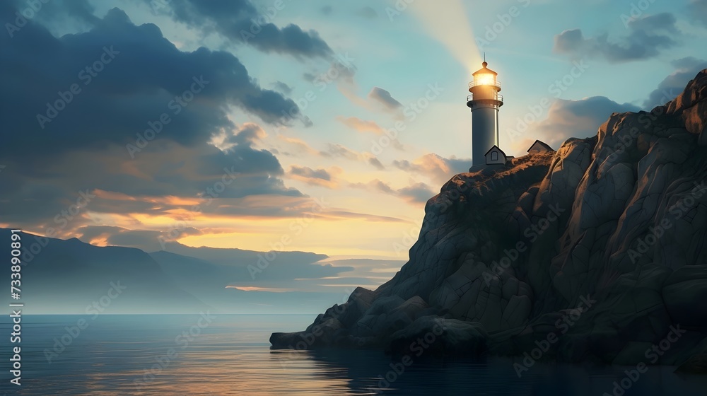 Serene Lighthouse at Sunset on Rocky Coastline