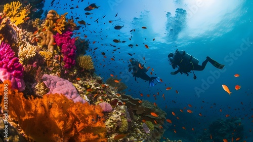 Scuba Divers Exploring Vibrant Coral Reef