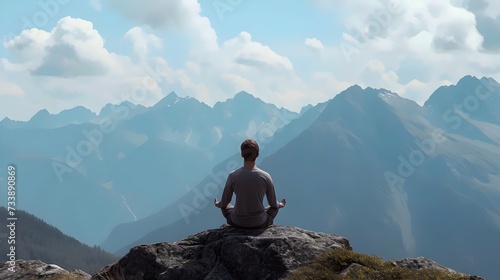 Person Meditating on a Mountain Overlooking a Scenic View