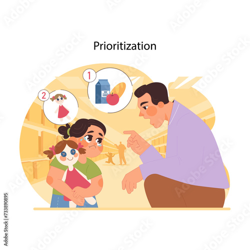Parental guidance concept. Father explaining importance of needs over wants to his daughter in store, daughter crying, wanting toy doll. Teaching moments in shopping. Flat vector illustration