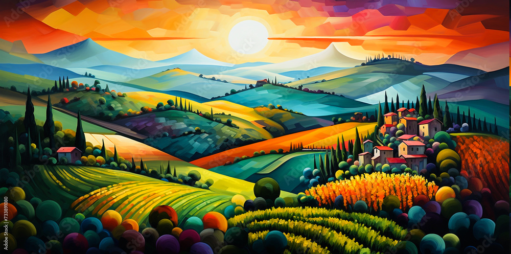 paintings of beautiful European countryside. Landscape painting with buildings, houses, lavender fields, farmhouses, agricultural land, trees, hills, mountains, bright blue sky for printing.