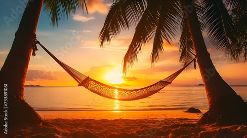 Tropical Beach Sunset with Hammock Between Palms © Alex