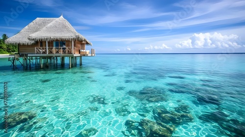 Tropical Overwater Bungalow with Thatched Roof