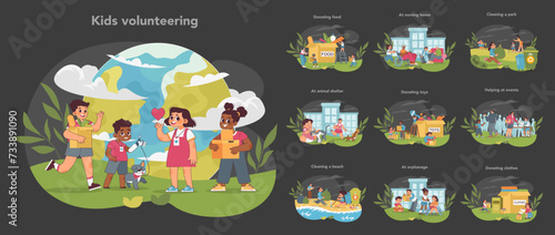 Kids volunteering set. Young volunteers in action, helping community. Food donation, senior support, park cleanup, pet care, playing with orphans. Active youth engagement. Vector illustration