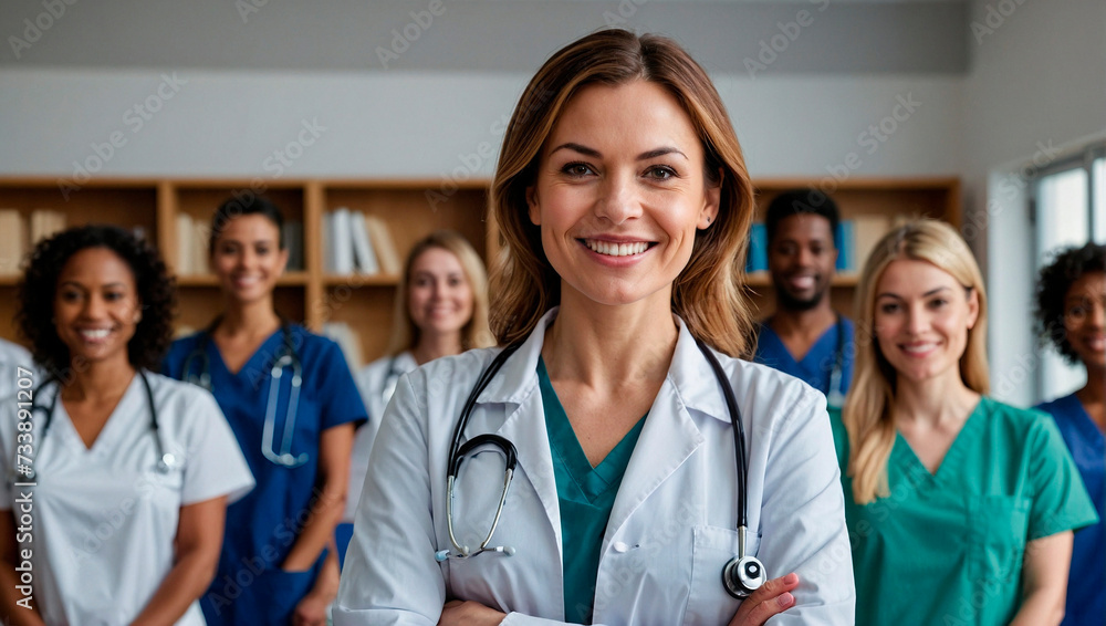 Woman doctor smiling standing in medical training class or seminar room Woman doctor smiling standing in medical training class or seminar room