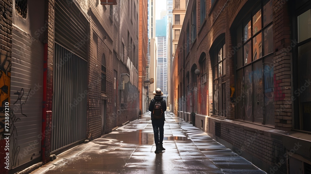 Person Walking Through Sunlit Urban Alley