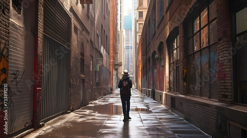 Person Walking Through Sunlit Urban Alley