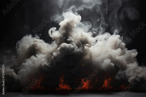 Smoke in the form of a cloud of fire on a black background. Big white cloud of smoke on a black background. Abstract background for design.