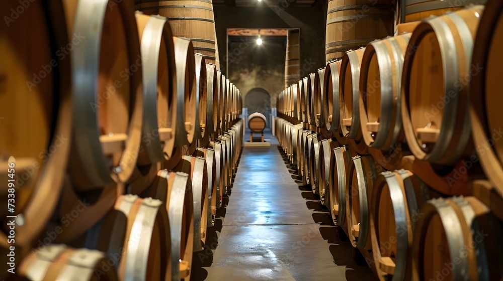 Wine Barrels Lined Up in a Cellar