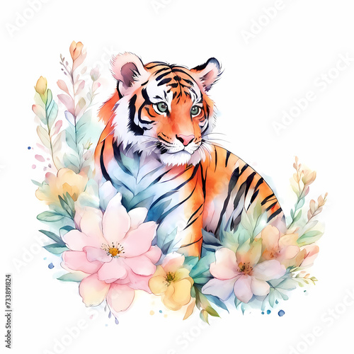 Illustration with cute tiger  pink flowers and leaves on a white background. Drawing in watercorcolor style is ideal for your design. For posters  cards  wallpaper  covers  for prints on mugs  pillows