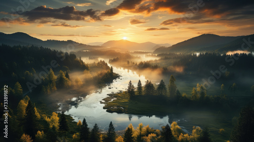 Mountain landscape, beautiful green amazon forest, river, coast, fog, lake, minimalism, background, wallpaper, generative AI