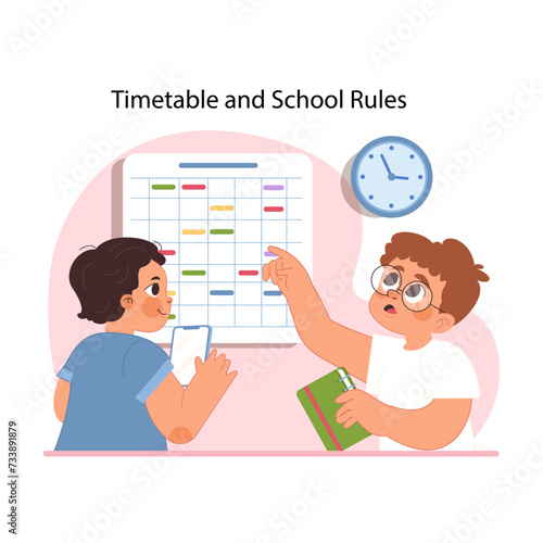 Timetable and school rules concept. Two schoolboys studying timetables, looking at time and place of next class. Students engage with structure of school life. Flat vector illustration