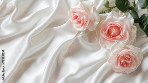 Three Pink Roses Resting on White Sheet © reddish