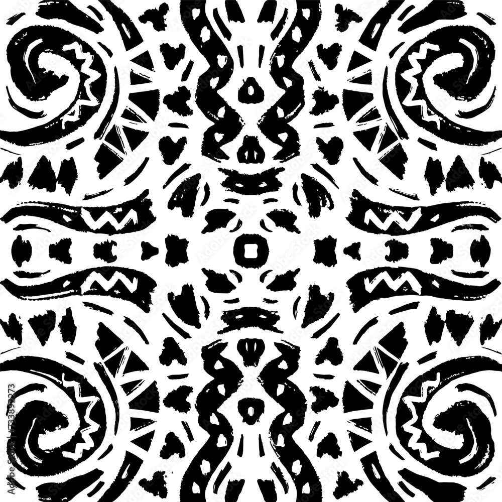 Seamless pattern with tribal ornament. Black and white vector background.
