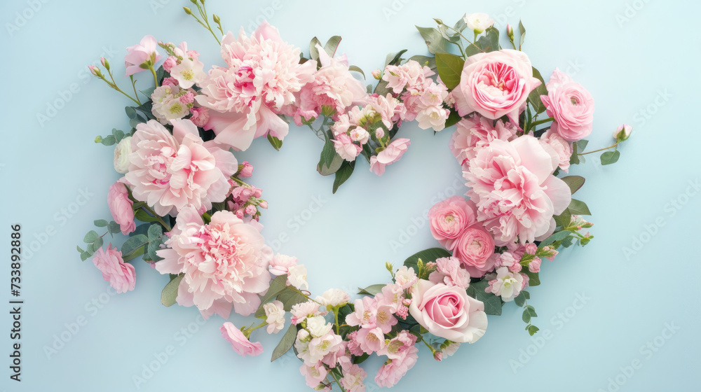 Heart-Shaped Arrangement of Pink Flowers on Blue Background Heart-Shaped Arrangement of Pink Flowers on Blue Background