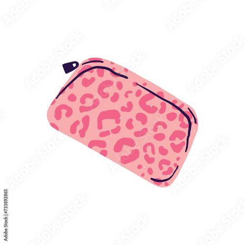 Small pink makeup bag on zipper. Toiletry pouch with leopard skin pattern. Closed cosmetics case of beauty tools, skincare, bodycare products. Flat isolated vector illustration on white background